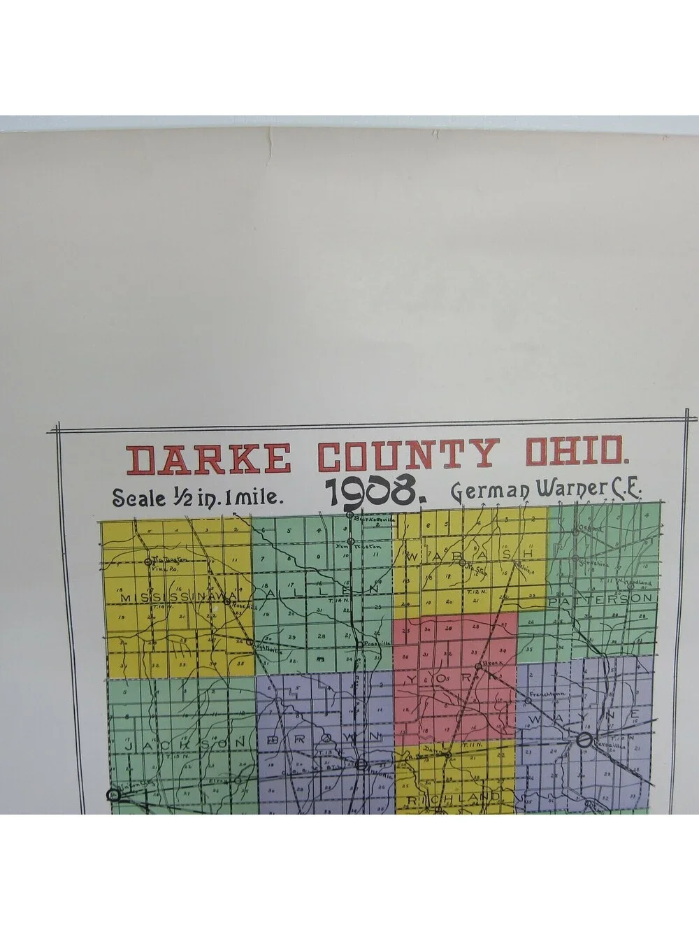 Antique 1908 Darke County Ohio Map, LARGE Railroad & Township Color Map 27x22 A